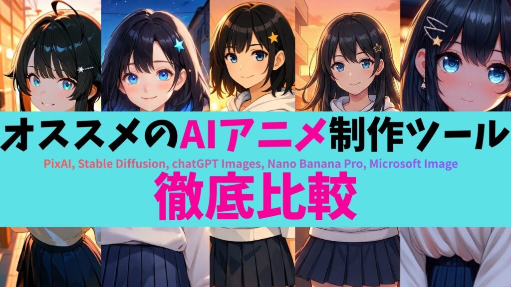 【オススメAIアニメ制作ツール比較】PixAI、Stable Diffusion、Nano Banana Pro、ChatGPT、Microsoft Image、AIツールを徹底比較！