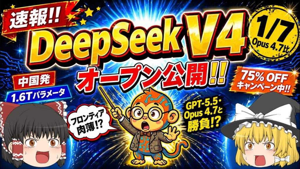 【速報!】Opus 4.7の1/7価格!?中国発「DeepSeek V4」がついにオープン公開!