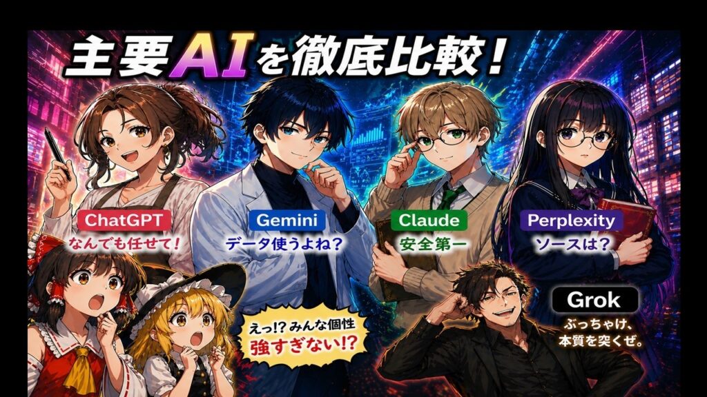 AIツール徹底比較!ChatGPT・Gemini・Claude・Perplexity・Grokの違いをゆっくり解説