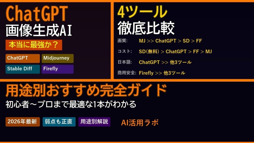 【2026年最新】ChatGPTの画像生成AIは本当に最強？Midjourney・Stable Diffusion・Adobe Fireflyと徹底比較